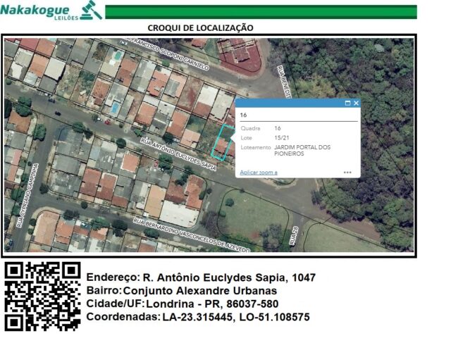 Imagem do imóvel DATA DE TERRAS SOB Nº 15/21-I, DA QUADRA Nº 16, COM A ÁREA DE 125,00M² - RUA ANTONIO EUCLYDES SAPIA, 1047