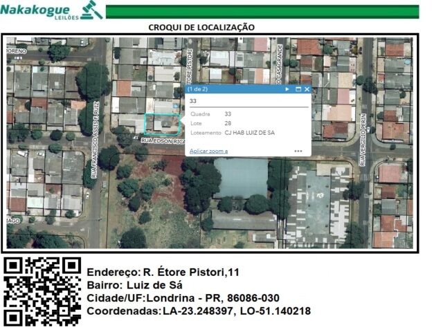 LOTE DE TERRAS SOB Nº 28, DA QUADRA Nº 33, MEDINDO A ÁREA DE 242,26M² - RUA ETTORE PISTORI, 11, localizado em Londrina - PR