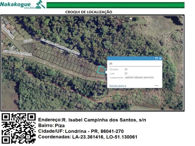 Imagem do imóvel DATA DE TERRAS SOB Nº 20, DA QUADRA Nº 25, MEDINDO A ÁREA DE 346,870M² - RUA IZABEL CAMPINHA SANTOS, S/Nº