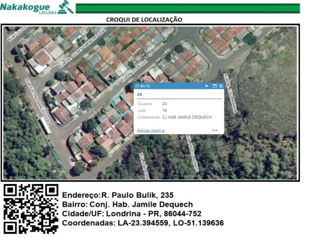 Imagem do imóvel DATA Nº 18, DA QUADRA Nº 24, COM A ÁREA DE 150,00M² - RUA PAULO BULIK, 235