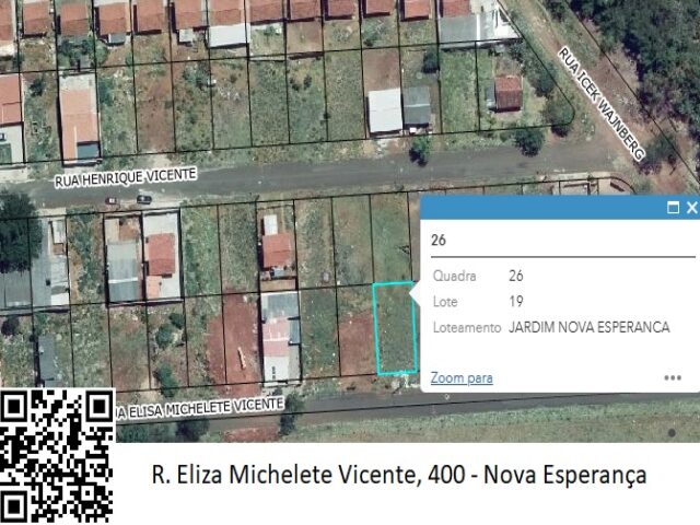 Imagem do imóvel DATA TERRAS Nº 19, DA QUADRA Nº 26, COM A ÁREA DE 200,00M² - RUA ELIZA MICHELETE VICENTE, S/Nº