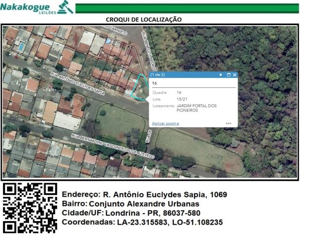 Imagem do imóvel DATA DE TERRAS Nº 15/21EF2, DA QUADRA Nº 16, COM A ÁREA DE 318,87M² - RUA ANTONIO EUCLYDES SAPIA, 1069