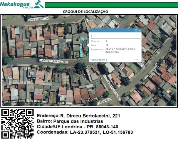 Imagem do imóvel DATA DE TERRAS SOB Nº 19, DA QUADRA Nº 03, COM A ÁREA DE 204,05M² - RUA DIRCEU BERTOLACCINI, 221