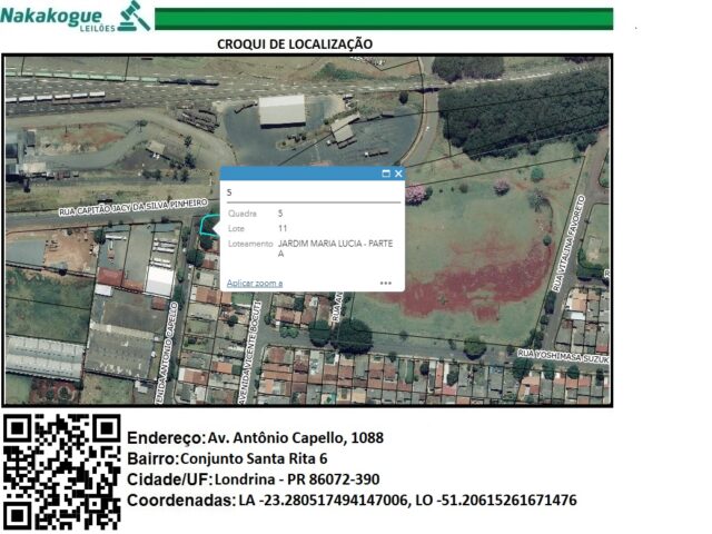 DATA DE TERRAS SOB N° 11, DA QUADRA N° 05, COM A ÁREA DE 380,14M² - AVENIDA ANTONIO CAPELLO, 1088, localizado em Londrina - PR, bairro Jardim Maria Lucia