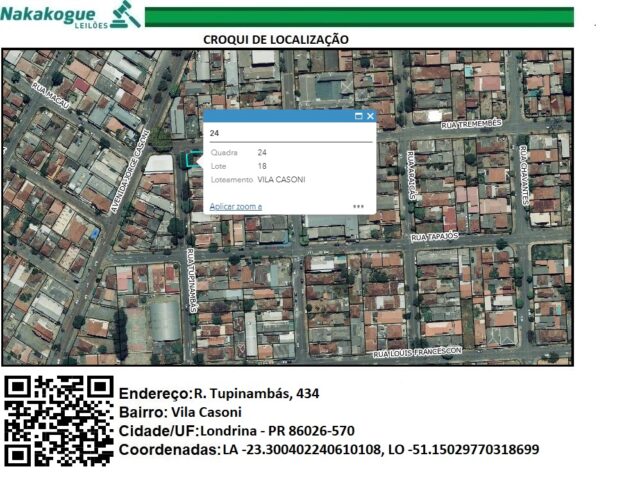 DATA DE TERRAS SOB Nº 18, DA QUADRA Nº 24, COM A ÁREA DE 302,70M² - RUA TUPINAMBAS, 434, localizado em Londrina - PR, bairro Vila Casoni