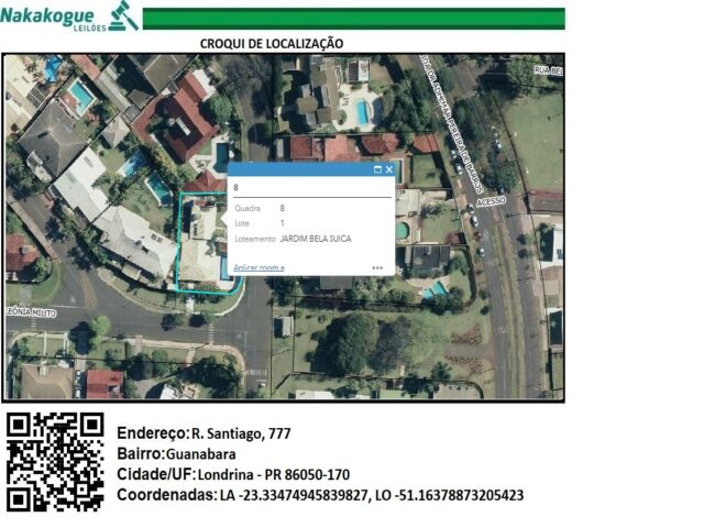 DATA Nº 01, DA QUADRA Nº 08, COM 1.027,21M² - RUA SANTIAGO, 777, localizado em Londrina - PR, bairro Jardim Bela Suica