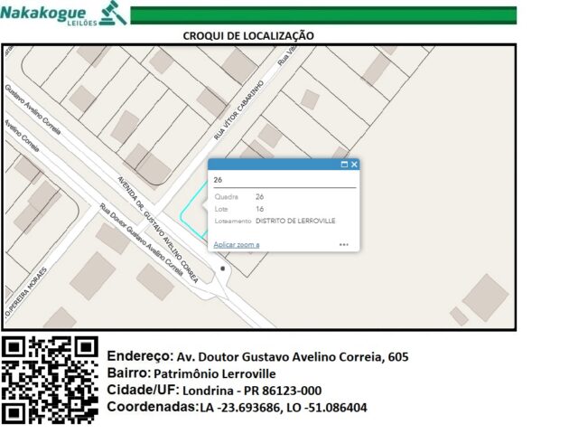 DATA DE TERRAS Nº 16, DA QUADRA Nº 26, MEDINDO A ÁREA DE 532,26M² - AVENIDA DOUTOR GUSTAVO AVELINO CORREIA, 605, localizado em Londrina - PR