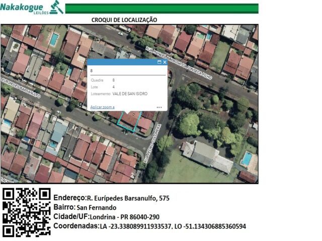 DATA DE TERRAS SOB Nº 04, DA QUADRA Nº 08, COM A ÁREA DE 459,22M² - RUA EURIPEDES BARSANULFO, 575, localizado em Londrina - PR, bairro Vale de San Isidro