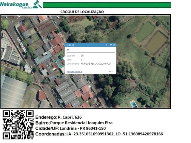 DATA DE TERRAS SOB Nº 08, DA QUADRA Nº 29, MEDINDO A ÁREA DE 250,00M² - RUA CAPRI, 626, localizado em Londrina - PR, bairro Jardim Shangri-lá