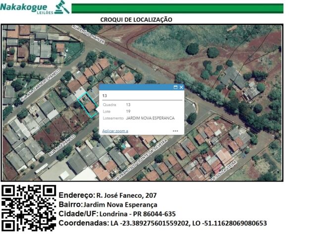 DATA DE TERRAS SOB Nº 19, DA QUADRA Nº 13, MEDINDO A ÁREA DE 200,00M² - RUA JOSÉ FANECO, 207, localizado em Londrina - PR, bairro Jardim Nova Esperança