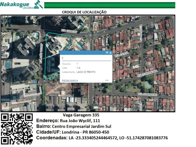 VAGA DUPLA DE GARAGEM Nº 335, SITUADA NO 1º PAVIMENTO, DO CENTRO EMPRESARIAL JARDIM SUL - RUA JOÃO WYCLIF, 111, localizado em Londrina - PR