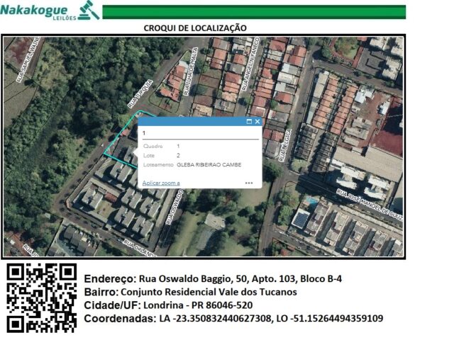 APARTAMENTO Nº 103 TIPO B SITUADO NO PAVIMENTO TÉRREO, DO BLOCO B-4, DO CONJUNTO RESIDENCIAL VALE DOS TUCANOS - RUA OSWALDO BAGGIO, 50, localizado em Londrina - PR