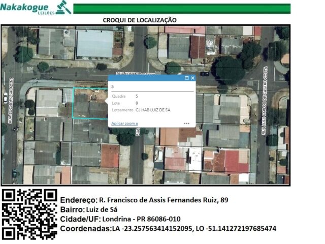 LOTE DE TERRAS Nº 08, DA QUADRA Nº 05, MEDINDO ÁREA DE 242,26M² - RUA FRANCISCO DE ASSIS FERNANDES RUIZ, 89, localizado em Londrina - PR