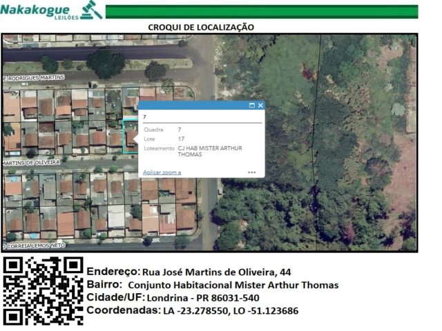 LOTE DE TERRAS SOB Nº 17, DA QUADRA Nº 07, COM A ÁREA DE 200,00M² - RUA JOSÉ MARTINS DE OLIVEIRA, 44, localizado em Londrina - PR, bairro Conjunto Habitacional Mister Arthur Thomas