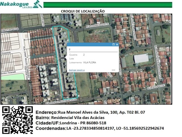 APARTAMENTO Nº T02, SITUADO NO PAVIMENTO TÉRREO, DO BLOCO 07, DO RESIDENCIAL VILA DAS ACACIAS - RUA MANOEL ALVES DA SILVA, 100, localizado em Londrina - PR