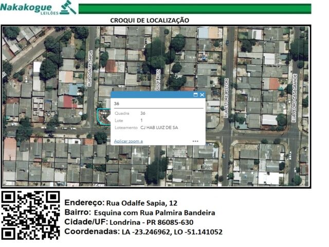 LOTE DE TERRAS SOB Nº 01, DA QUADRA Nº 36, MEDINDO A ÁREA DE 242,26M² - RUA ODALFE SAPIA, 12, localizado em Londrina - PR