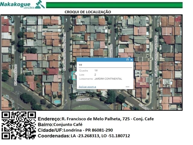 DATA DE TERRAS SOB Nº 02, DA QUADRA Nº 19, COM A ÁREA DE 250,70M² - RUA FRANCISCO DE MELO PALHETA, 725, localizado em Londrina - PR, bairro Jardim Continental