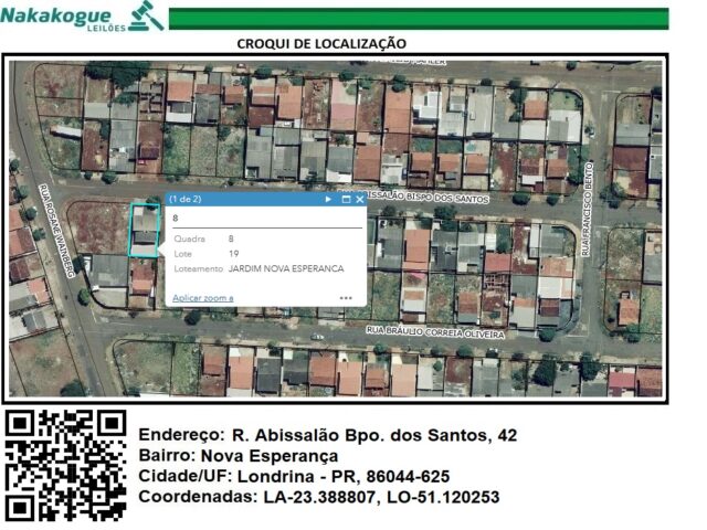 DATA DE TERRAS SOB Nº 19, DA QUADRA Nº 08, MEDINDO A ÁREA DE 200,00M² - RUA ABISSALAO BISPO DOS SANTOS, 42, localizado em Londrina - PR, bairro Jardim Nova Esperança