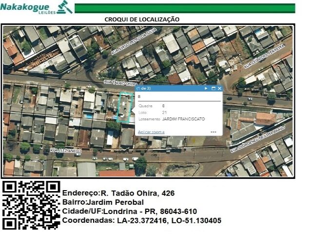 LOTE 3413 DATA de terras sob nº 21, da qd. nº 08 , área de 250,00 m². Jardim Perobal, Londrina/PR